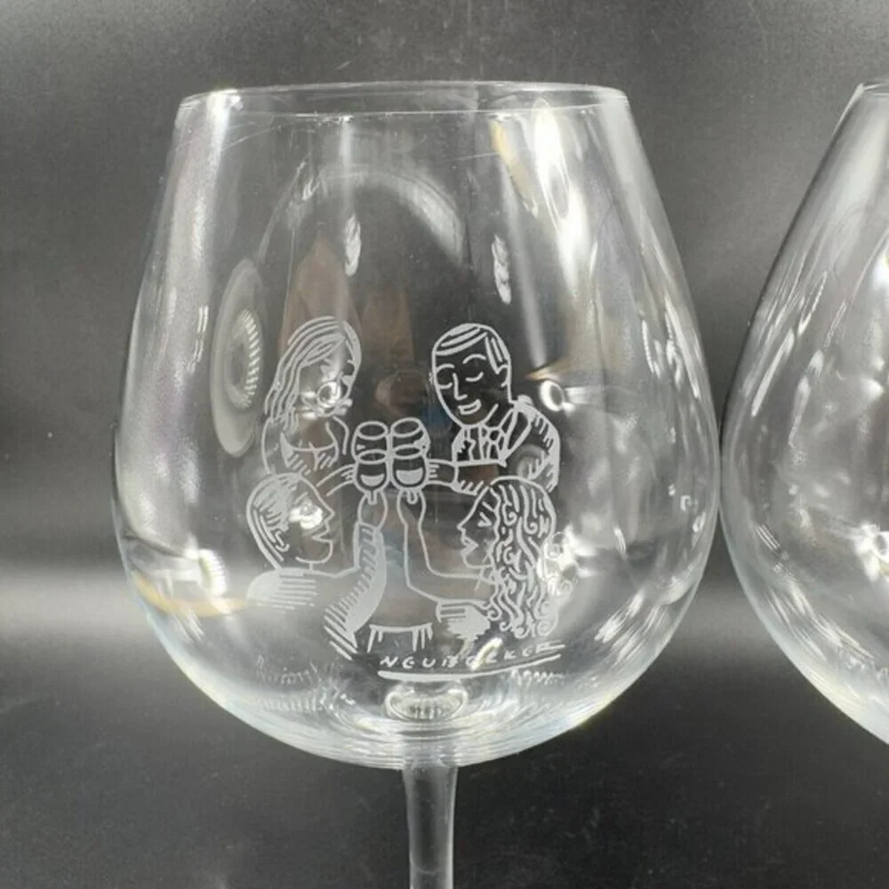 Robert Neubecker Flemings Signature Clear‎ Wine Glasses Cup Etched Barware Set 2